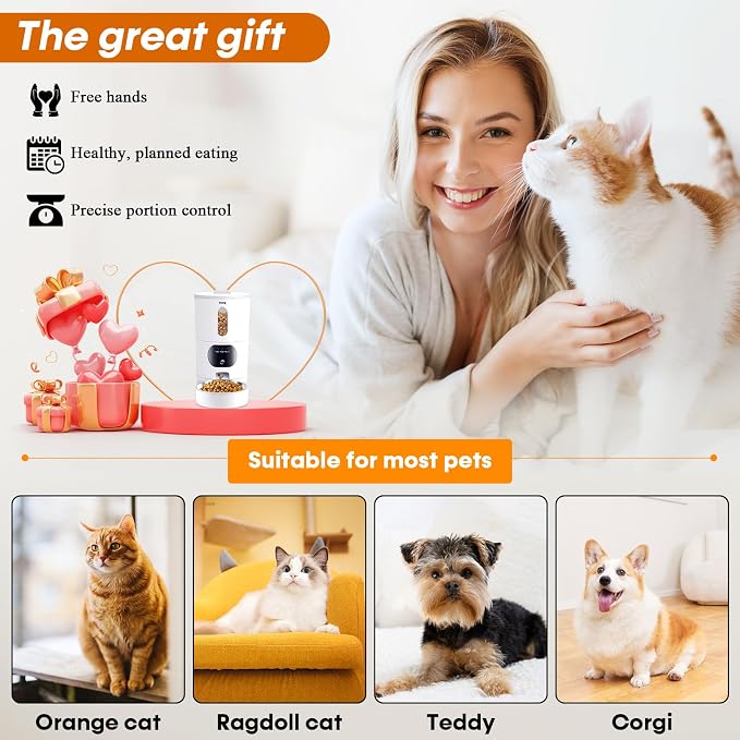 Automatic Cat Feeders Camera 5G: WiFi Easy to Clean Timed Smart Dog Food Dispenser 2-Way Audio Memory Function Pet Feeder HD 1080P Video Record APP Control Dry Food Clear Night Vision Yakry
