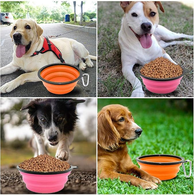 Dog Bowl Collapsible, 2 Pack, with Carabiners, Large, Orange+Pink