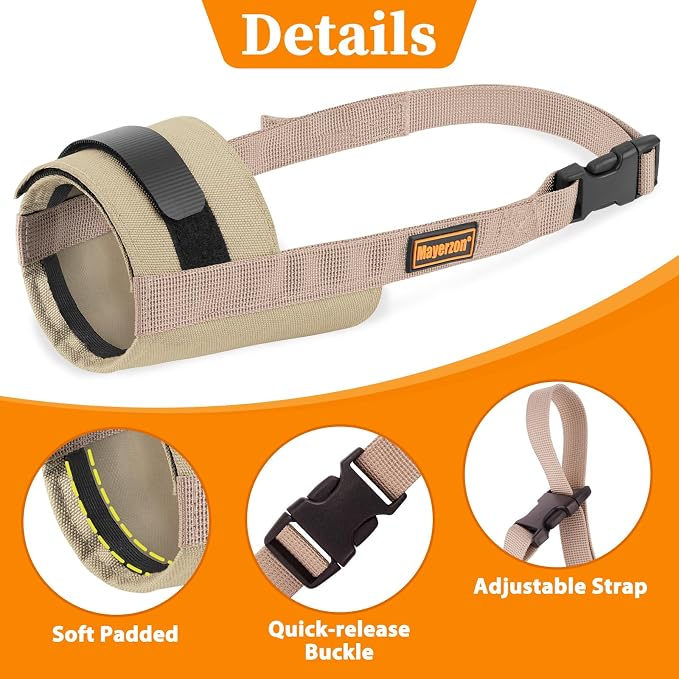 Adjustable Dog Muzzle, Fabric Medium Large Dog Muzzle Anti Biting | Soft & Sturdy, Prevents Fierce Barking Chewing, Grooming Walking Vet Visits Nail Care Use, Allows to Pant & Drink | Khaki, S