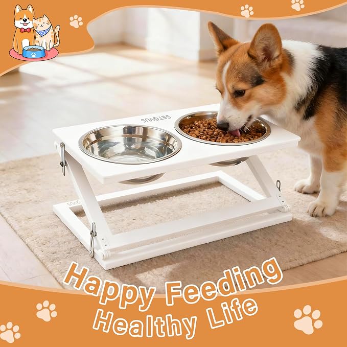 Elevated Dog Bowl, Anti-Slip Feeder, Adjustable Elevated Dog Bowl Stand, 0-20° Tilt Water Bowl with 2 Stainless Steel Food Bowls Dishwasher Safe, Suitable for Small Dogs, Puppies and Cats (White)