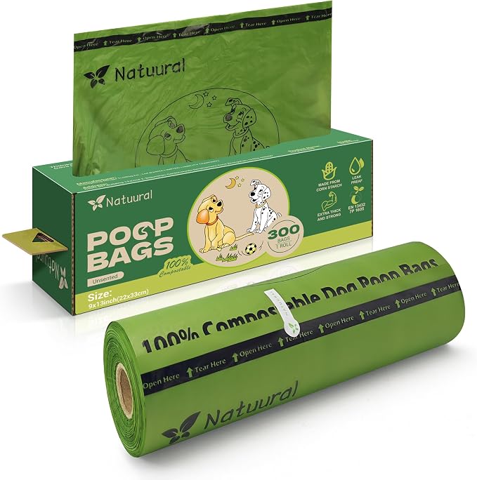 Compostable Dog Poop Bags-300 Bags 1Rolls, Poop Bags for Dogs Made of Cornstarch, Unscented, Ideal for Backyard or Home and Cat Litter Disposal