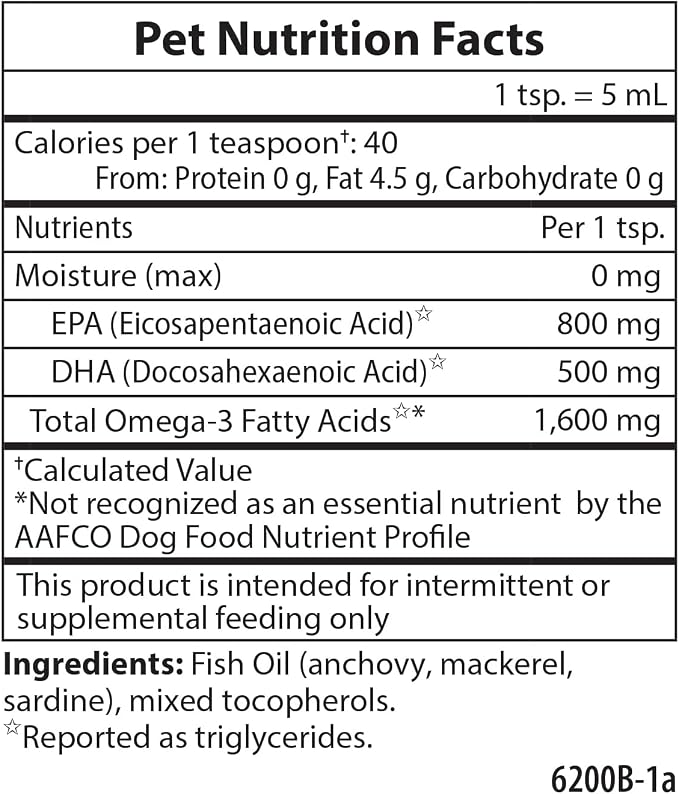 Carlson Omega-3 Fish Oil Liquid for Dogs, Supports Skin & Coat, Joint & Heart Health, Liquid Dog Supplement, 3.3 fl oz