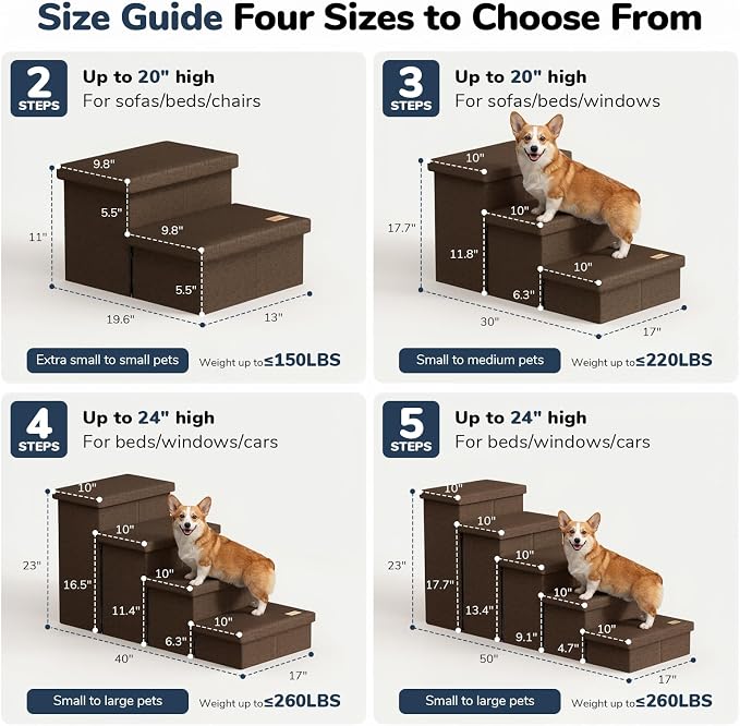3-Step Wide Dog Stairs 18" H with Removable Cover, Non-Slip Storage Pet Steps for High Bed Couch, Pet Stairs for Small/Medium/Large Old Dogs Puppy Up to 200lbs, Cat Dog Steps for Car, Coffee
