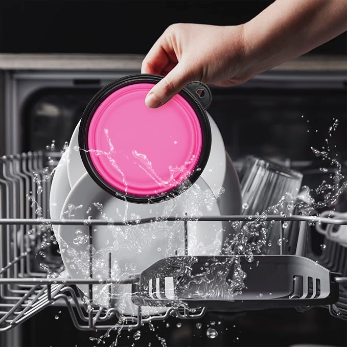 Dog Bowl Collapsible, 2 Pack, with Carabiners, Small, Black & Pink