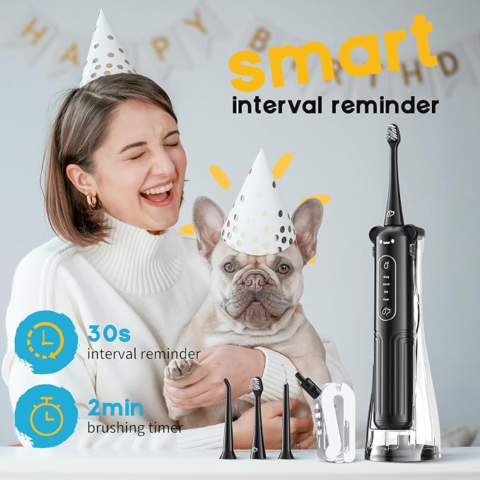 UNINGOPI Dog Tooth Brushing Kit, 3 in 1 Dog Electric Toothbrush with Water Flosser, Dog Teeth Cleaning Tools with 3 Modes, Deep Cleaning Kit for Dogs and Cats, IPX7, Black