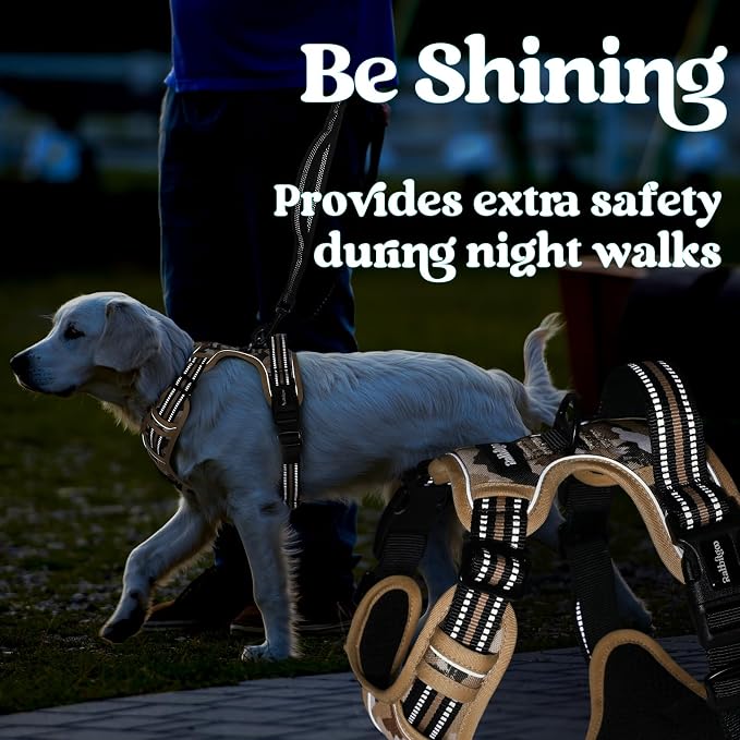 rabbitgoo Dog Harness for Large, Updated Easy On & Off with 3 Buckles | No Pull No Choke, Walking with 2 Clips and Handle, Adjustable Soft Reflective, Desert Ridge, Large
