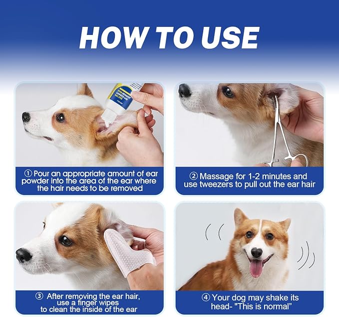 Dog Ear Hair Removal Kit with Ear Powder & 5.5" Curved Forceps