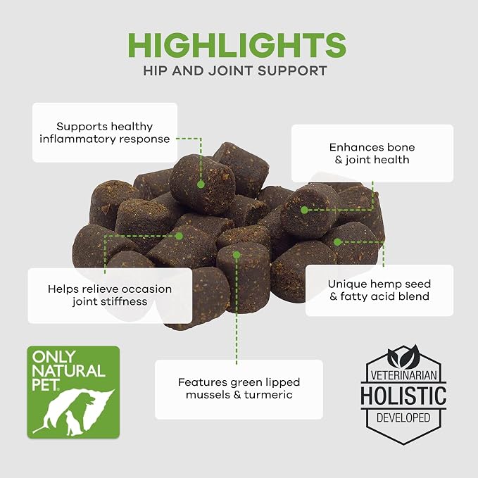 Only Natural Pet Hemp Hip & Joint Support for Dogs - Supplement for Mobility Wellness Pain Relief Healthy Inflammatory & Bone Stiffness - Chews w/Fatty Acid Blend Mussels & Turmeric - 120 Count (H/J)
