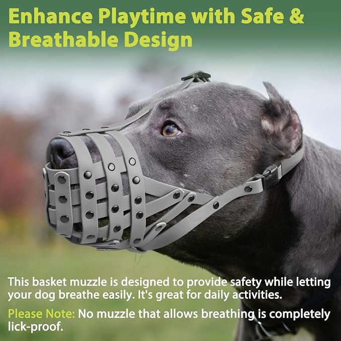 Pitbull Dog Muzzle for Large Medium Dogs Prevent Biting Scavenging | Fits Rottweiler Amstaff Broad-nosed Breed, Sturdy Breathable Basket, Training Walking Use, Allows to Drink | Grey, L