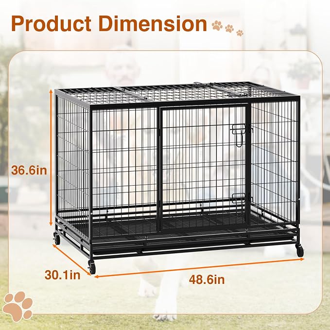 BestPet 48 Inch Heavy Duty Dog Crate, Indestructible Escape-Proof Kennel with Double Door & Removable Tray for Medium to Large Dogs,Black