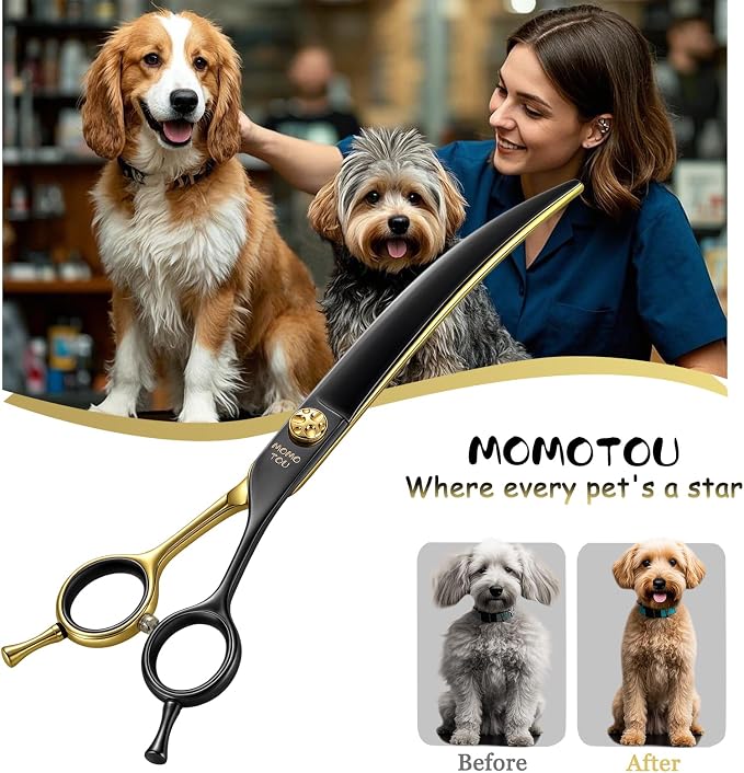 Curved Dog Grooming Scissors 7" – Black & Gold 440C Stainless Steel Shears for Precision Face and Body Shaping