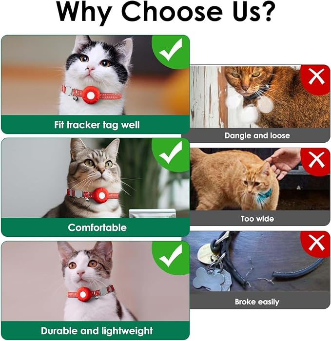 Smart Cat GPS Tracker, Cat GPS Tracker Compatible with Apple Find My App (Only iOS), No Monthly Fee, Waterproof (White Tracker, Red Cat Collar)
