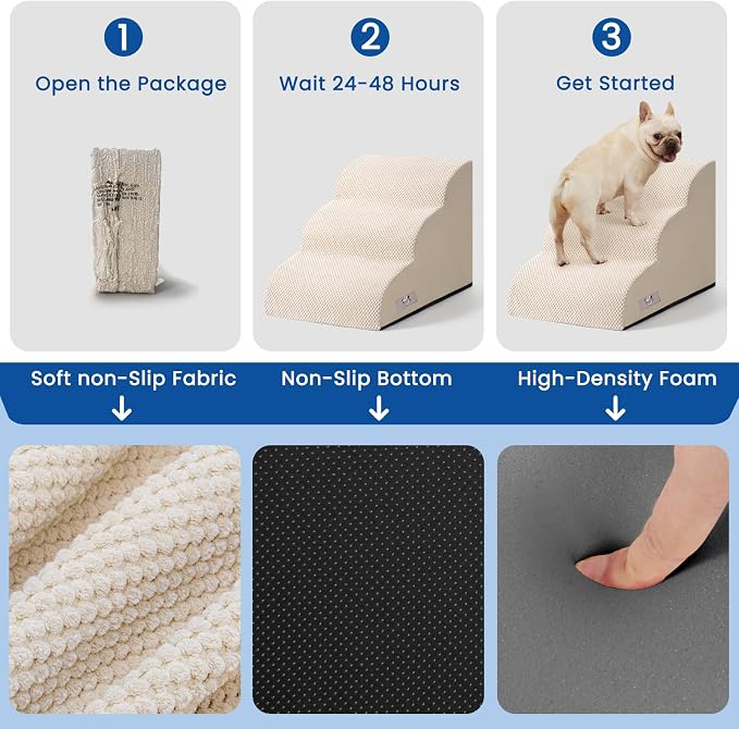 Airpanda Dog Stairs for Small Dogs and Cats – 3 Step Pet Ramp for Couch & Sofa, Non-Slip Dog Steps for Pets, Washable Cover, High-Density Support Foam for Easy Climbing,Beige