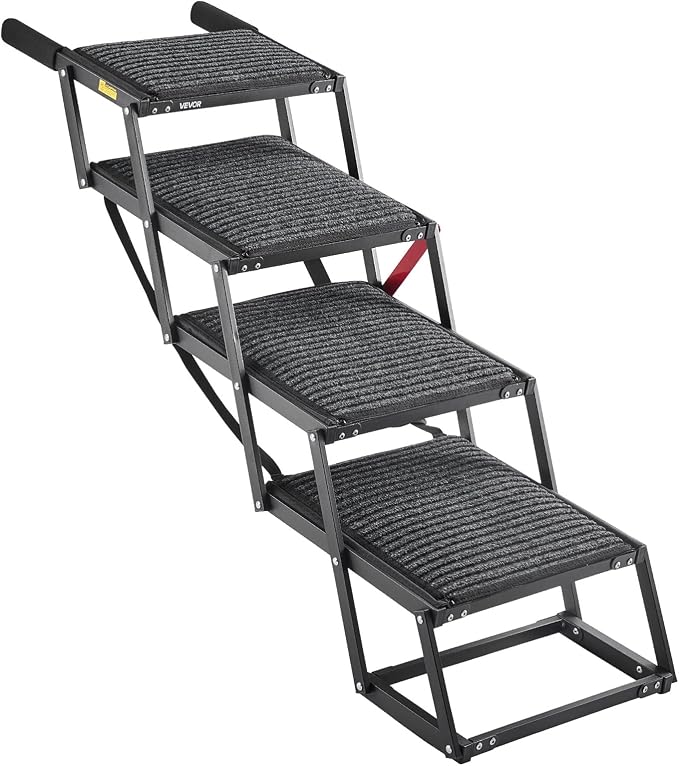 VEVOR Dog Stairs for Car, 4 Steps Extra Wide Foldable Dog Ramp for Large Dogs with Non-Slip Rug Surface, Portable Lightweight Pet Ladder for Car, SUV, Truck, High Beds, Sofas, Support up to 200 lbs