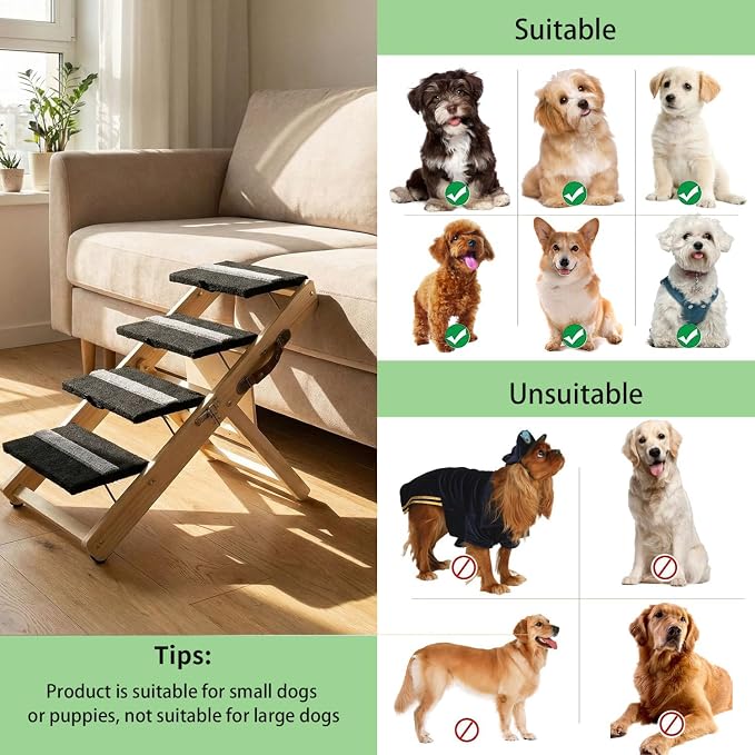 2-in-1 Indoor Pet Ramp, Wooden Folding 4-Tier Pet Stairs with Non-Slip Carpeted Steps, Ramp Perfect for Bed and Couch, 12.5" to 22.5" Height Adjustable (31.5x15)
