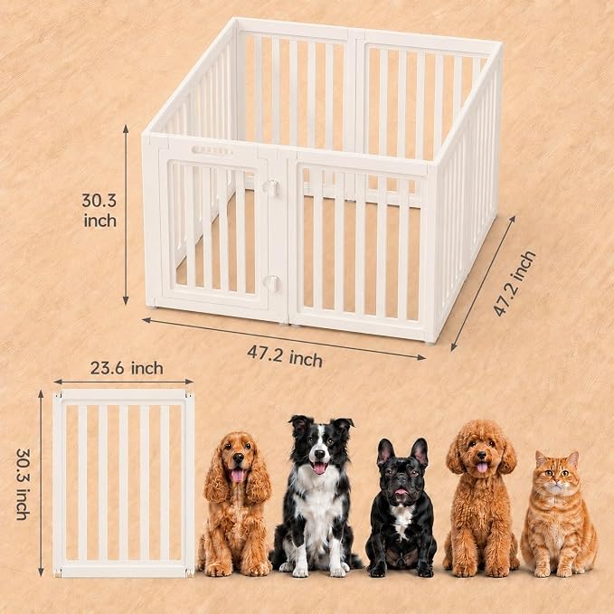 EVERFRONT Dog Playpen with Door - Dog Pen Indoor - Easy Assemble Dog Play Pen - Puppy Playpen, Cat Playpen, Small Animal Playpen, Dog Play Pen Indoors (White, 30", 8 Panels)