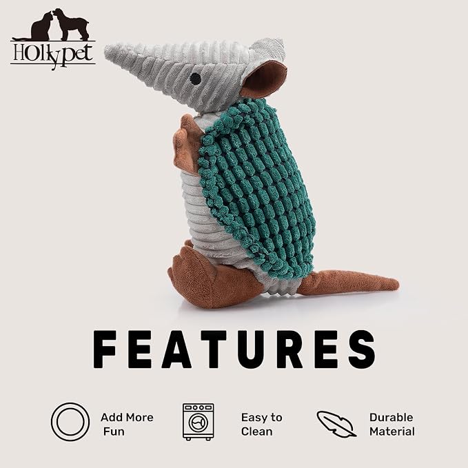 Hollypet Armadillo Squeaky Dog Toys for Medium Large Dogs, 10" | plush stuffed large dog squeak animal toy with unique grunt squeaker textured fabric for teeth cleaning toys