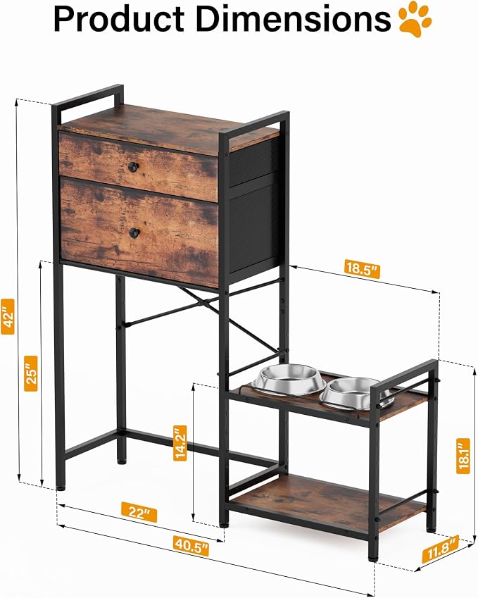 Elevated Dog Bowls,8 Heights Adjustable Dog Storage Organizer Shelves with Toy Double Drawer, Pet Food Station Cabinet for Medium Large Dogs,Elevated Dogs Bowls with Storages, Rustic Wood Brown