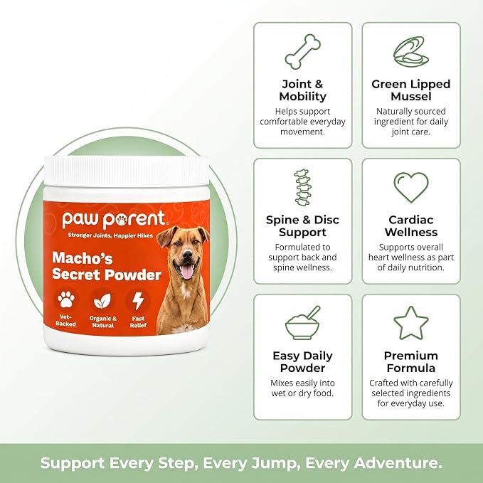 Paw Parent Macho's Secret Powder, Green Lipped Mussel Hip & Joint Powder for Dogs, Spine and Disc Powders, Cardiac Shield Formula with Glucosamine, Msm & Omega-3 for Mobility Support,2Pc