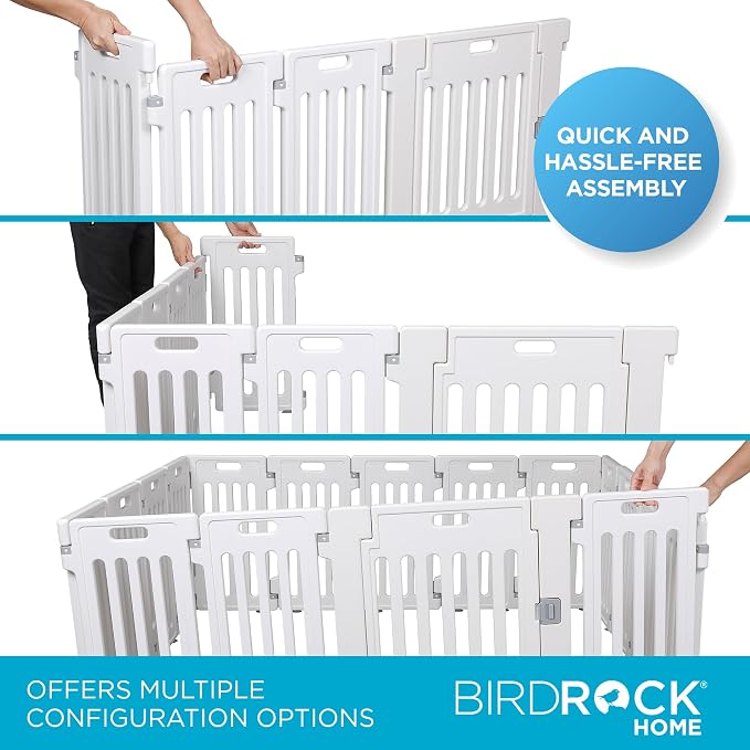 BIRDROCK HOME Dog Playpen w/Door, 16 Panel, 25.6in H | Strong Plastic, Non-Slip Puppy Playpen, Secure Pet Gate | Indoor Outdoor Fence | Configurable Panels | Medium to Large Pets - White