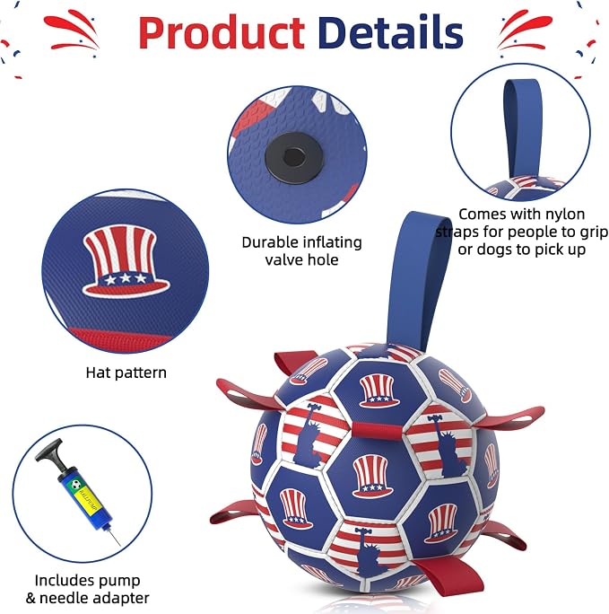 Diman Dog Balls, 6 Inch Dog Soccer Ball with Straps, Independence Day Gift | Outdoor Dog Ball Toys for 20-40 lbs Dogs, Soccer Ball for Dogs with Straps for Tug of War, Pet Birthday Gift