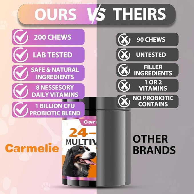 Carmelie Dog Vitamins, 24 in 1 Dog Multivitamins is Human Grade, 200 Chews | Premium Glucosamine Probiotics Omega-3, for Hip & Joint, Itch Relief, Skin & Coat, Immune, Digestive, Puppy & Senior, Chicken