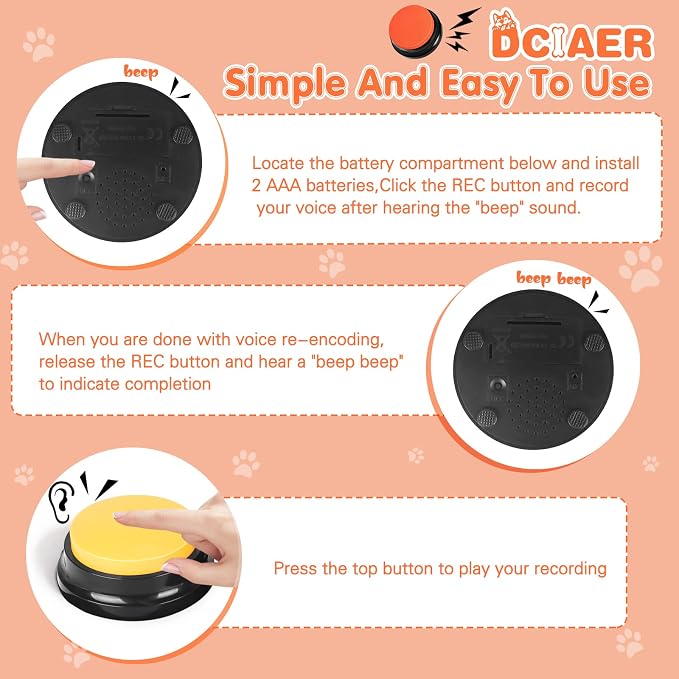 Dog Buttons for Communication, 6 Recordable Buttons, with Mat & Batteries