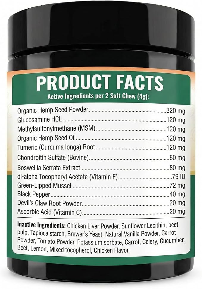 Hip & Joint Supplement for Dogs - Glucosamine, Chondroitin, MSM, Green Lipped Mussels & Turmeric - Natural Arthritis Pain Relief & Mobility Support for All Ages - 200 Soft Chews