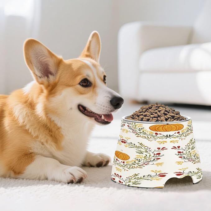 Blueangle Elevated Dog Bowls with Stainless Steel - Non-Slip 2.3 Cup High Capacity Pet Dish for Spinal Health & Pumpkins and Wreaths Design(116)