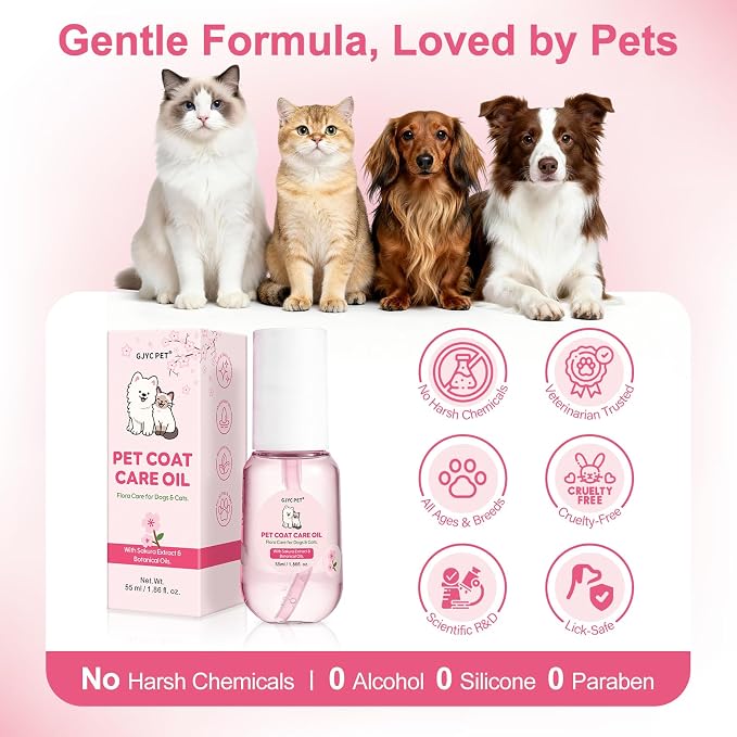 Pet Coat Care Oil, Cherry Blossom & Squalane Extract | Luster Enhancing Elixir, Radiant Shine & Protective Coating; Professional Silk Gloss Finish for Dull Coats, Non-Greasy, Dogs Cats, 1.69 fl. oz