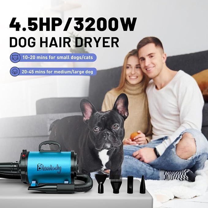 Dog Hair Dryer, High Velocity Pet Blower Grooming Dryer, Blue | Dog Blow Dryer, 3800W/5.2HP for Large Dogs, Stepless Adjustable Speed, 4 Different Nozzles, Dog Brush Included