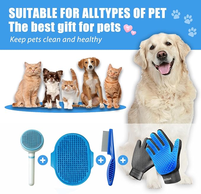 NVNAN 5 Piece Dog Grooming Brush Set with Grooming Gloves, Blue