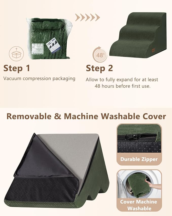 Aodisman Dog Stairs for Small Dogs,3 Step Dog Ramp for Couch and Chair,Pet Stairs with Non-Slip Bottom for Old Cats,Indoor Pet Steps,Comfort,Durable,15.4" H,Green
