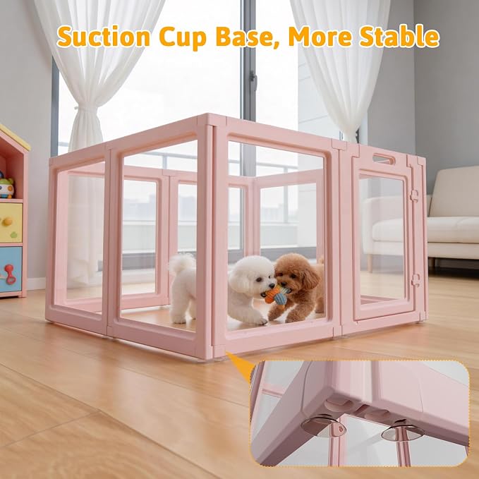 DIY Clear Acrylic Dog Playpen House,Quick Easy Assembly and Disassembly,Strong Floor Suction,Indoor and Outdoor Use,Easy Cleansing Puppy Fence (Skin Pink, 30.3" H, 8PCS)