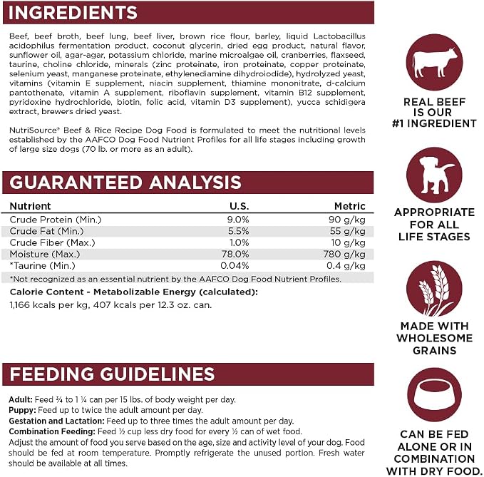NutriSource Beef & Rice Recipe Premium Wet Dog Food, 12.3 oz (Pack of 12)