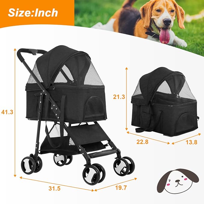 BestPet Premium 3-in-1 Pet Stroller - Black