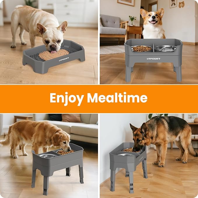 URPOWER 3-in-1 Elevated Dog Bowls - Mess Proof Double Deck 4 Height Adjustable Raised Stand with 2 Stainless Steel Food Bowls & Licking Plate for Small, Medium & Large Dogs