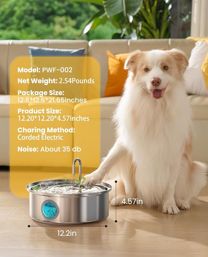 oneisall Dog Water Fountain,7L/230oz Pet Fountain Stainless Steel with Visual Water Level,Ultra-Quiet Water Bowl with 5-Stage Filtration for Large/Medium Dogs,Dispenser for Living Room Kitchen