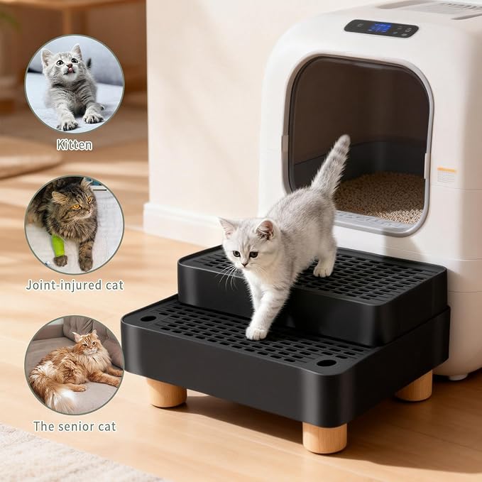 Elevated Cat Ramp for Litter Box, 2 Steps Cat Pedal Step Stool with Wooden Base, Detachable Double Layered Cats Litter Trapper, Suitable for Small&Elderly Cats, Non-Slip(Black)