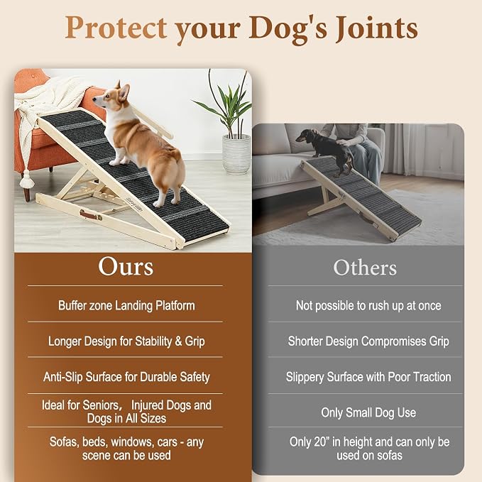 Dog Ramp for Bed - 53.3" Long Foldable Pet Ramp for Small Large Dogs - Dog Ramps for High Beds Couch Car/SUV - Pet Stairs High Traction with Platform 7 Adjustable Heights 17" to 30" Up to 200LBS, Wood