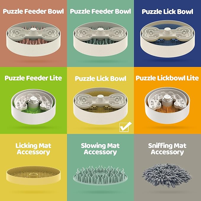 Puzzle Feeder Slow Feeder Dog Bowl with Lick Mat and Puzzle Inserts - Non-Slip Base, Adjustable Speed Design, Dishwasher Safe for Large Dogs,Yellow