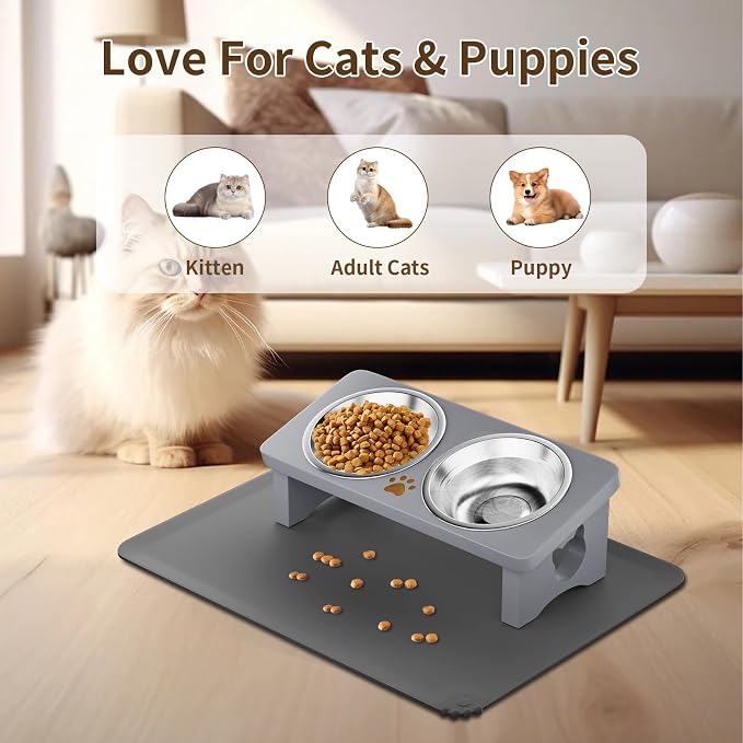 Elevated Cat Bowls, 15° Tilted Raised Cat Food Bowl with Solid Wood Stand & Stainless Steel Dishes, Cat Feeding Station with Silicone Mat, Helps Reduce Vomiting for Cats & Small Dogs(Slate Grey)
