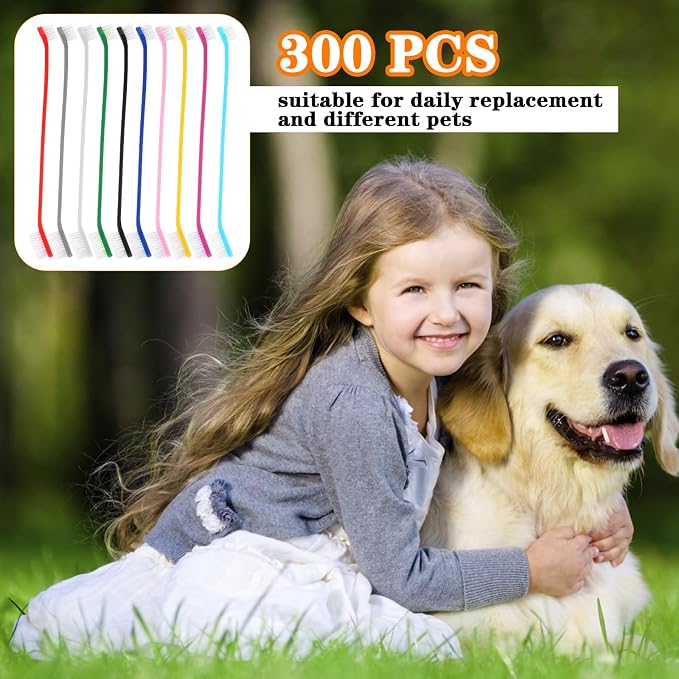 300Pcs Dog Toothbrushes Bulk Dual Headed Dog Teeth Long Handle Plastic Brush Tooth Brush for Large Small Dogs Cats Puppy Teeth Cleaning Dental Care Supplies 10 Colors+