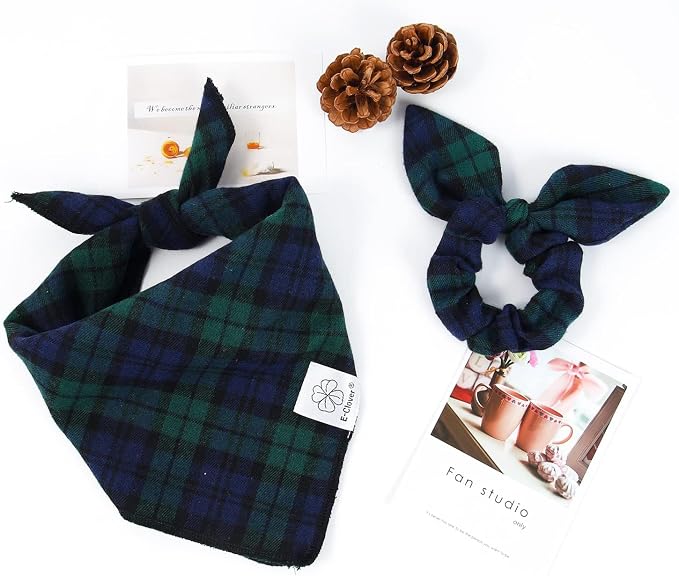 E-Clover Blue Green Plaid Dog Bandanas Girl Matching Scrunchie Medium Large, Large-set of 1, Medium, Blue