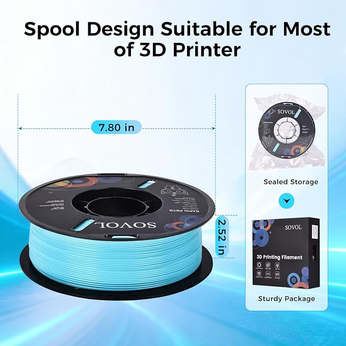 Sovol 3D Printer Rapid PETG Filament 1.75mm 1KG (2.2lbs), High Precision, Strong Toughness, Wiring Tightness, Dimensional Accuracy +/- 0.03 mm, 3D Printing High Speed PETG Filaments, Light Blue