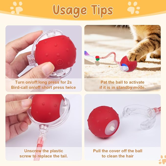 Interactive Cat Ball Toy, Motion Activated Electric Rechargeable Cat Toy | Interactive Mode, Fast&Slow Mode, Standby Mode Save Power, 2 Tails, Chirping, Self Play Toy for Bored Indoor Cats & Kittens