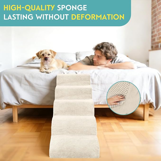 Dog Stairs for Small Dogs, Pet Stairs Steps Ramp for Puppy, Older Cat, Stairs with Whole High Density Foam, Corduroy Fabric, Non-Slip Bottom Dog Steps for Bed and Couch (Beige, 5-Step (H: 22.8IN))