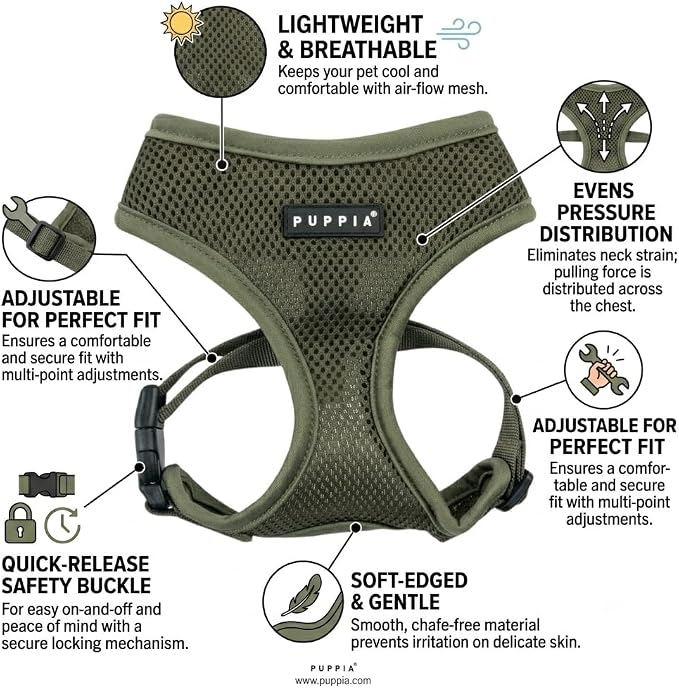 Puppia Soft Dog Harness No Choke Over-The-Head Triple Layered Breathable Mesh Adjustable Chest Belt and Quick-Release Buckle for Small Dogs, Khaki, XS