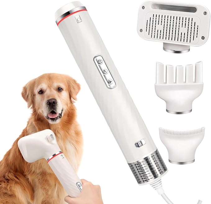 Handheld Dog Hair Dryer 4-in-1 Quiet Pet Grooming Blow Dryer | 110,000 RPM, Negative Ions, NTC Smart Temp Control, 3 Speeds & 3 Temps, Dual Voltage 110V/220V