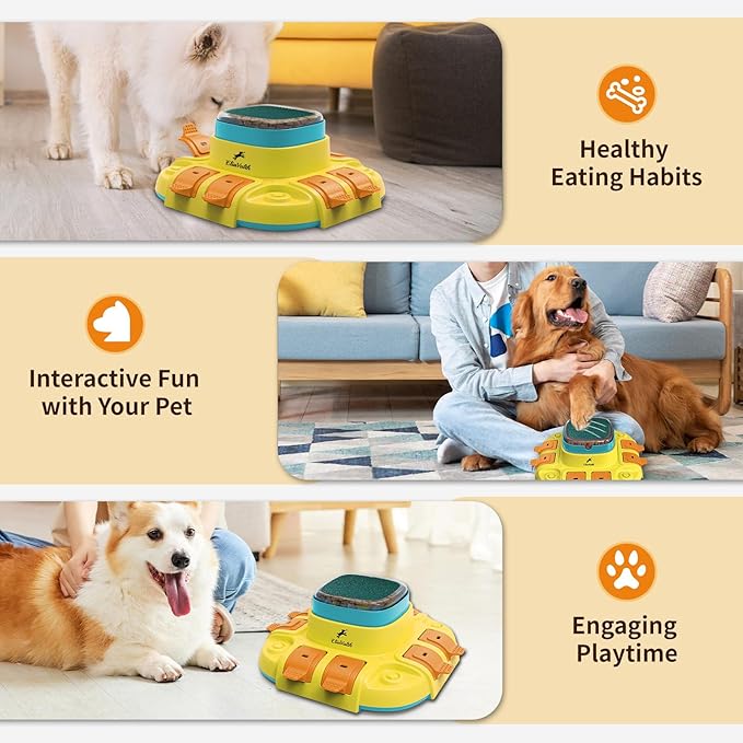 Dog Puzzle, 3-in-1 Dog Toy: Interactive Dog Toys, Puzzle, Slow Feeder Dog Bowls & Nail File Yellow